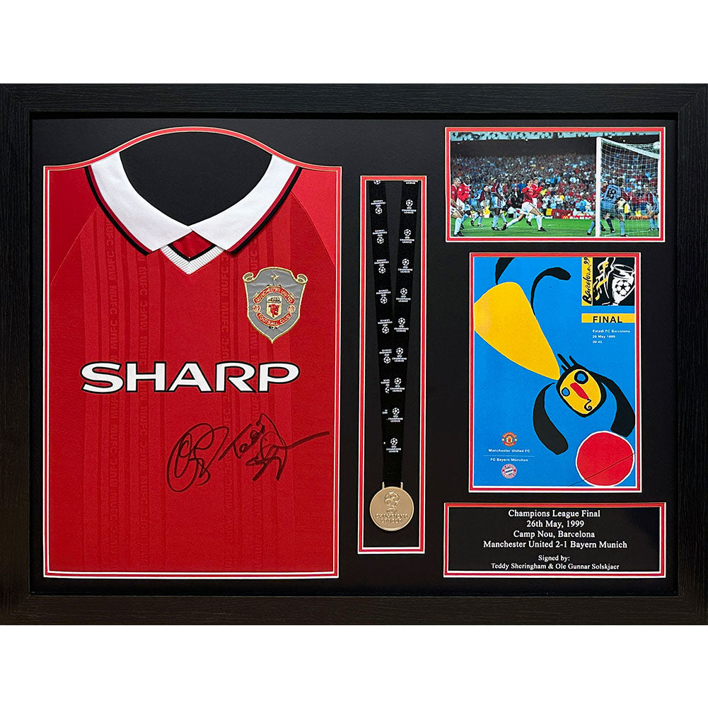 Official Manchester United FC 1999 Solskjaer & Sheringham Signed Shirt & Medal (Framed)