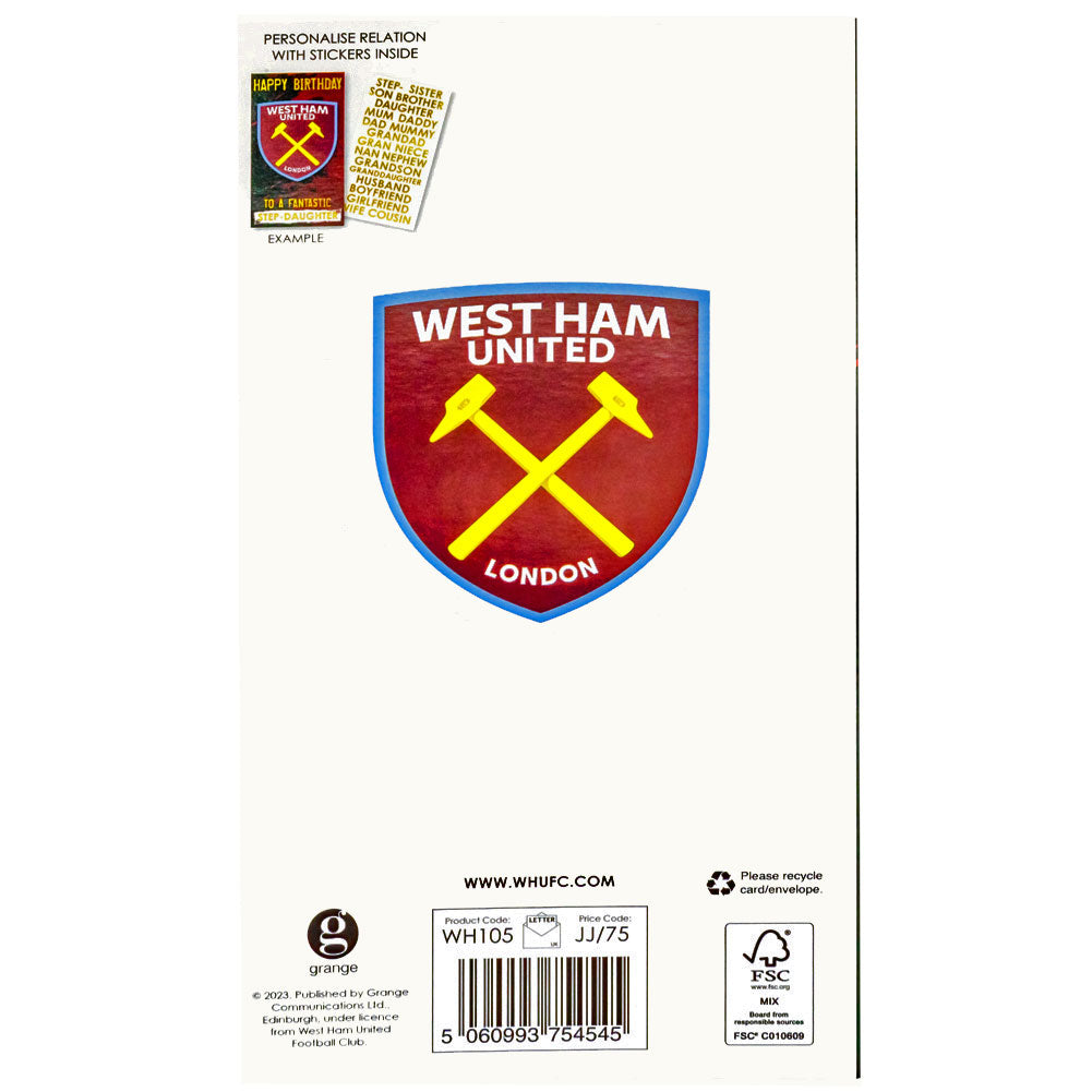 Official West Ham United FC Personalised Birthday Card