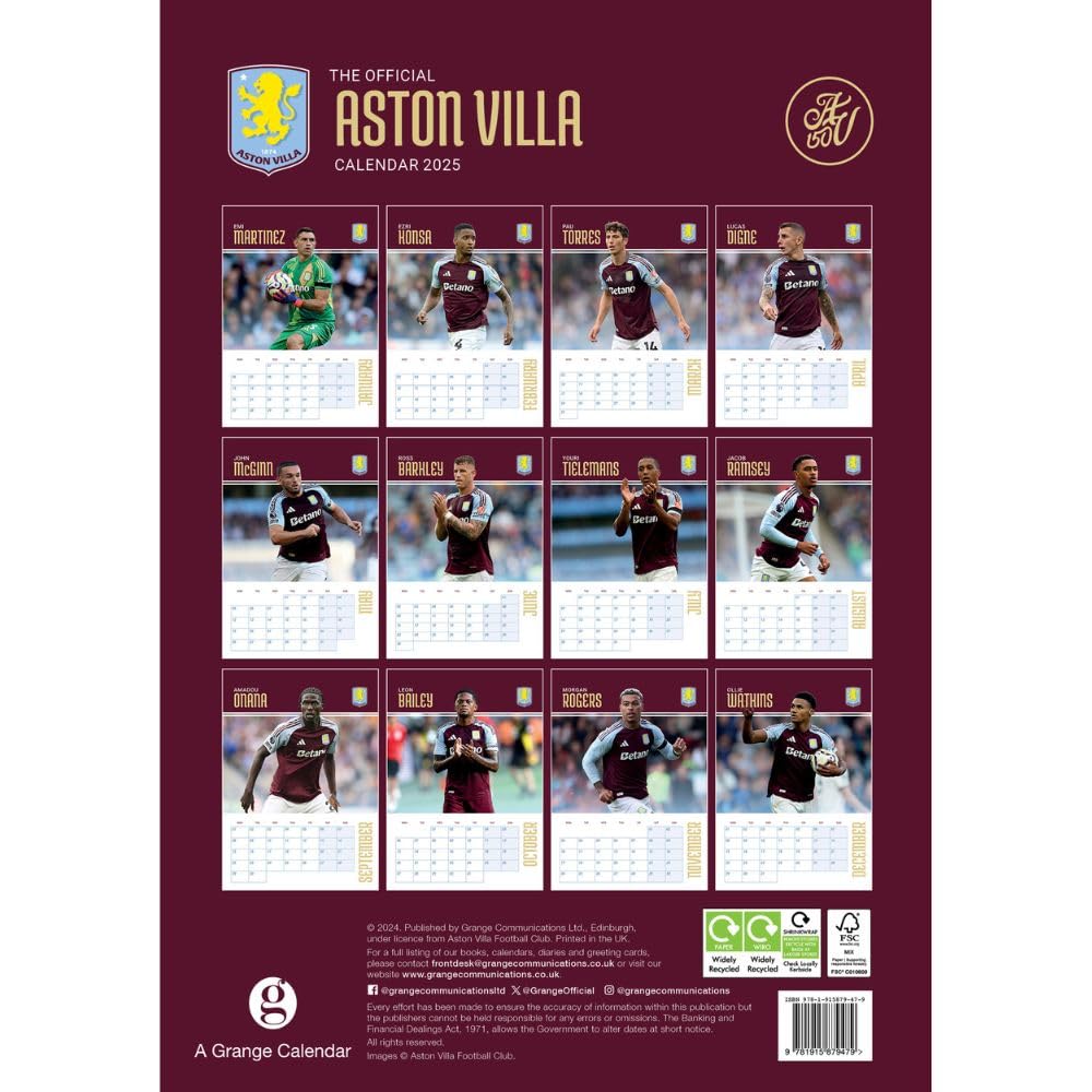 Official Aston Villa FC A3 Calendar 2025