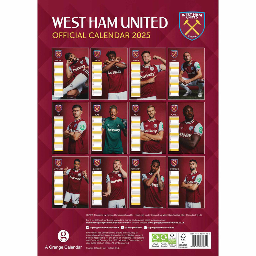 Official West Ham United FC A3 Calendar 2025