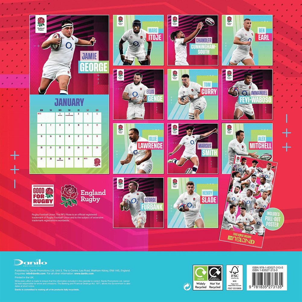 Official England RFU Square Calendar 2025