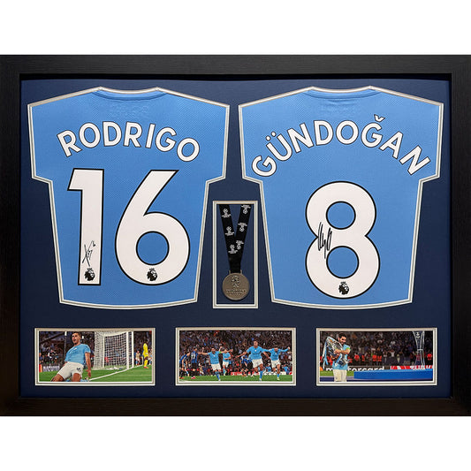 Official Manchester City FC Rodri & Gundogan Signed Shirts & Medal (Dual Framed)